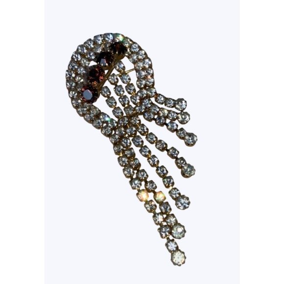 Rhinestone Brooch With Cascading Clear and Amber Crystals Vintage - Picture 13 of 16
